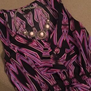 Purple and Black Tie-Waist Dress with Necklace